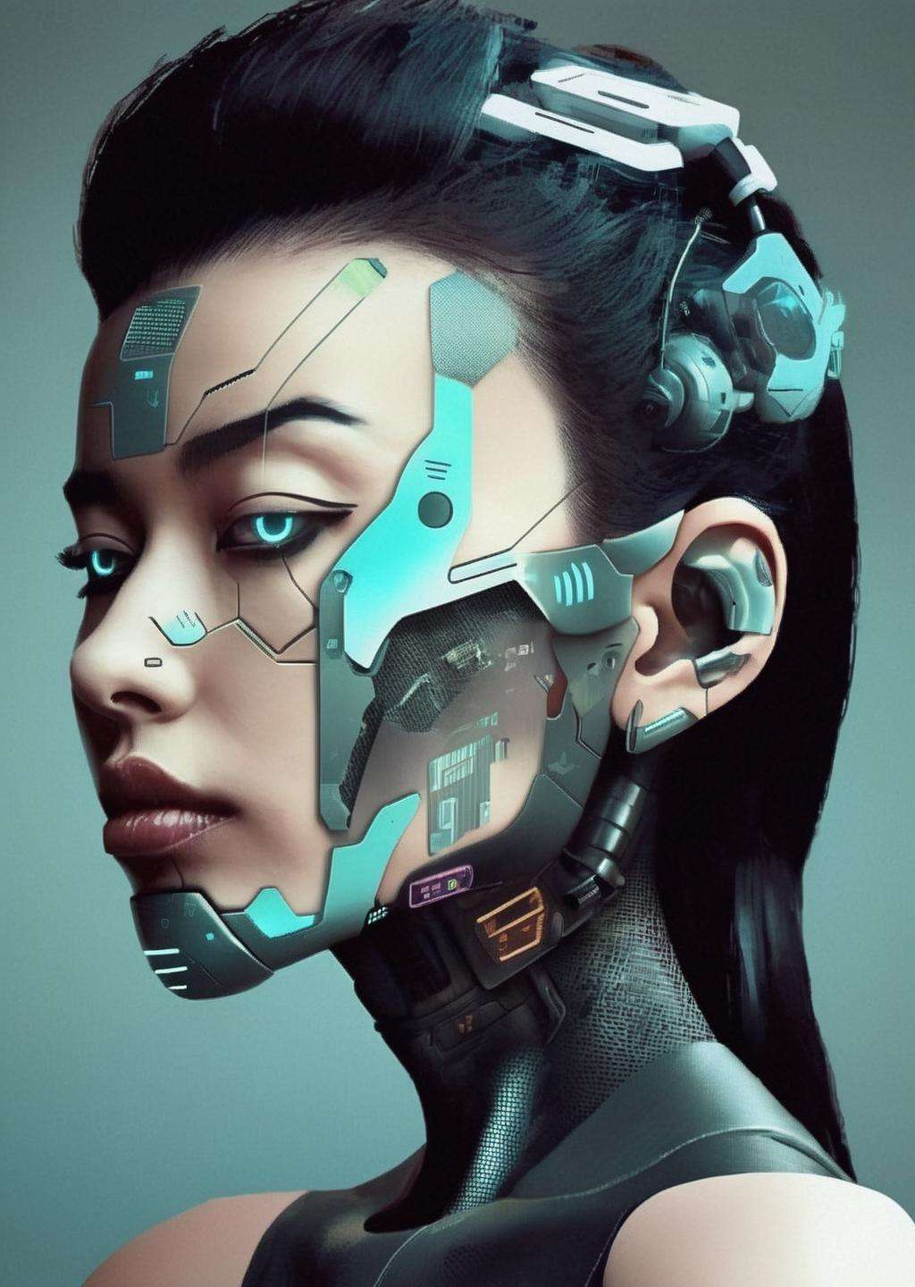 a woman with a futuristic face and ear , cyberpunk style<lora:cyber_aesthetic_sdxl:1.0>