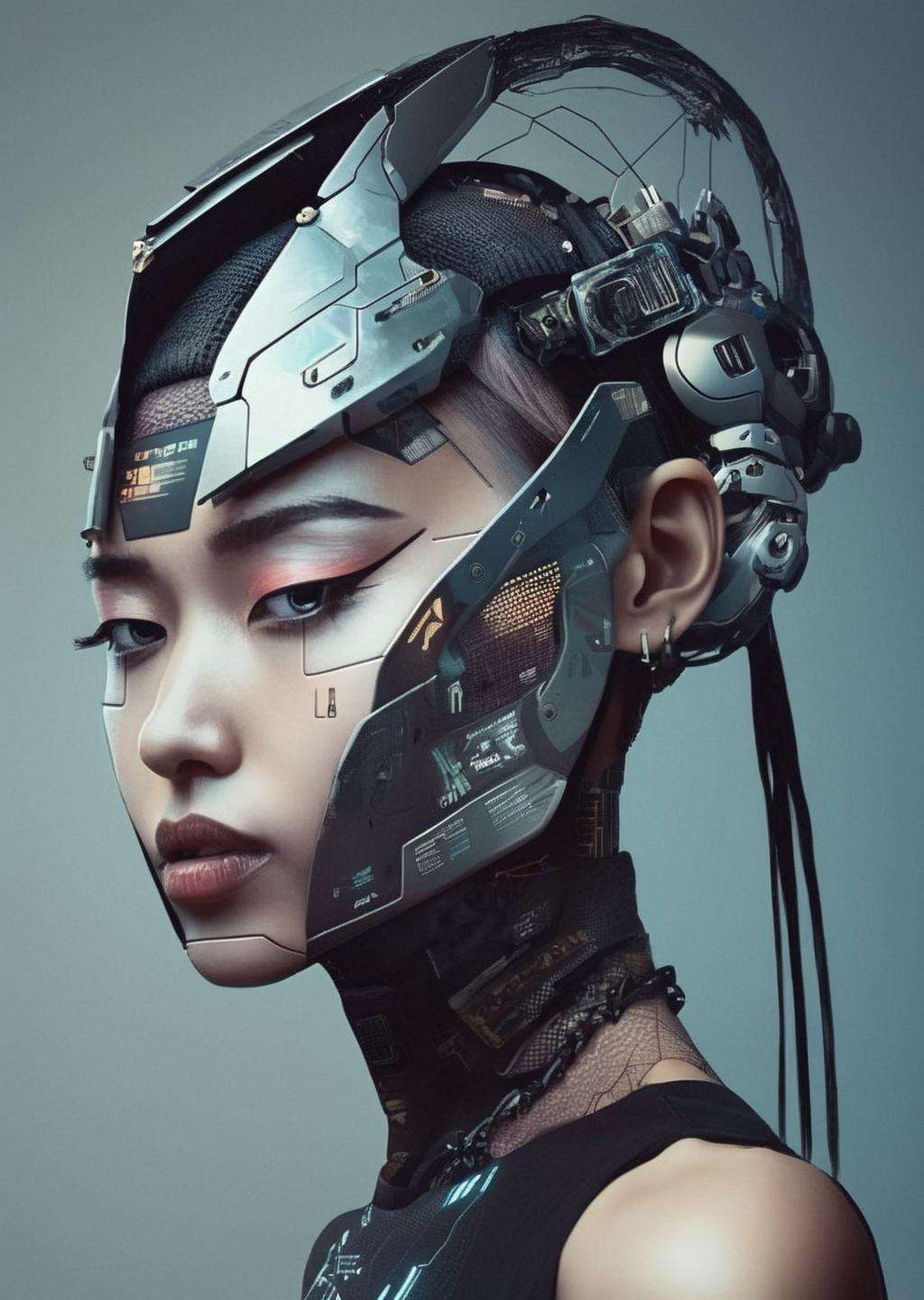 a woman with a futuristic headdress and a futuristic face , cyberpunk style<lora:cyber_aesthetic_sdxl:1.0>