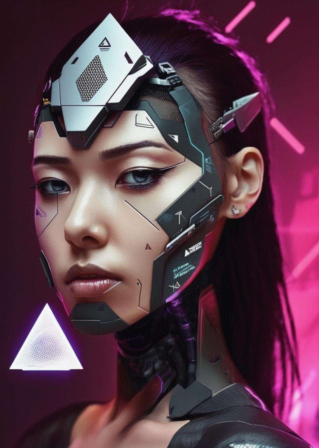 a woman with a futuristic face and a triangle on her head , cyberpunk style<lora:cyber_aesthetic_sdxl:1.0>