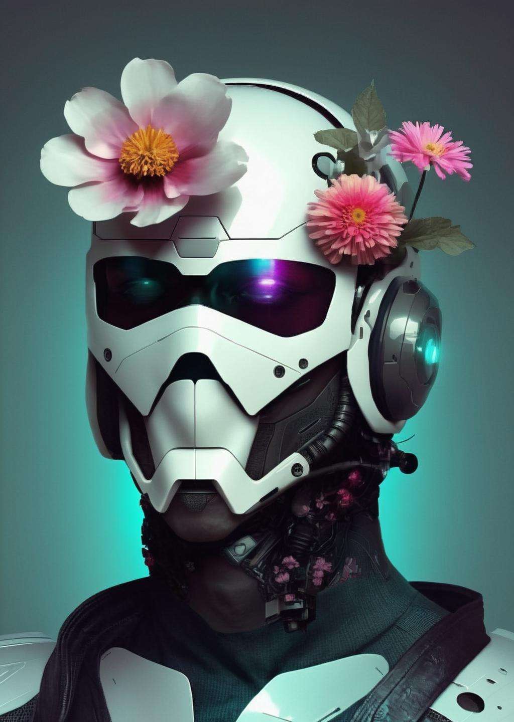 a man with a futuristic helmet and a flower , cyberpunk style<lora:cyber_aesthetic_sdxl:1.0>
