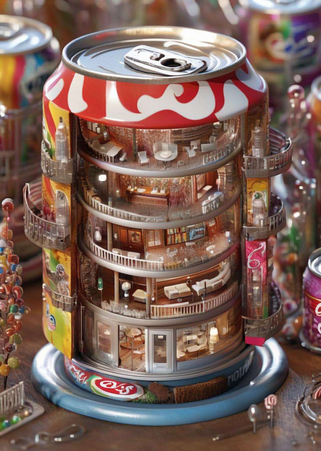 a miniature of a model of a house , Inside a can of soda, carbonation swirls like a lively carnival, bubbles rising and bursting in a symphony of effervescent joy. , incredibly detailed, a microscopic photo, photorealism<lora:Microverse_Creator_sdxl:1.0>