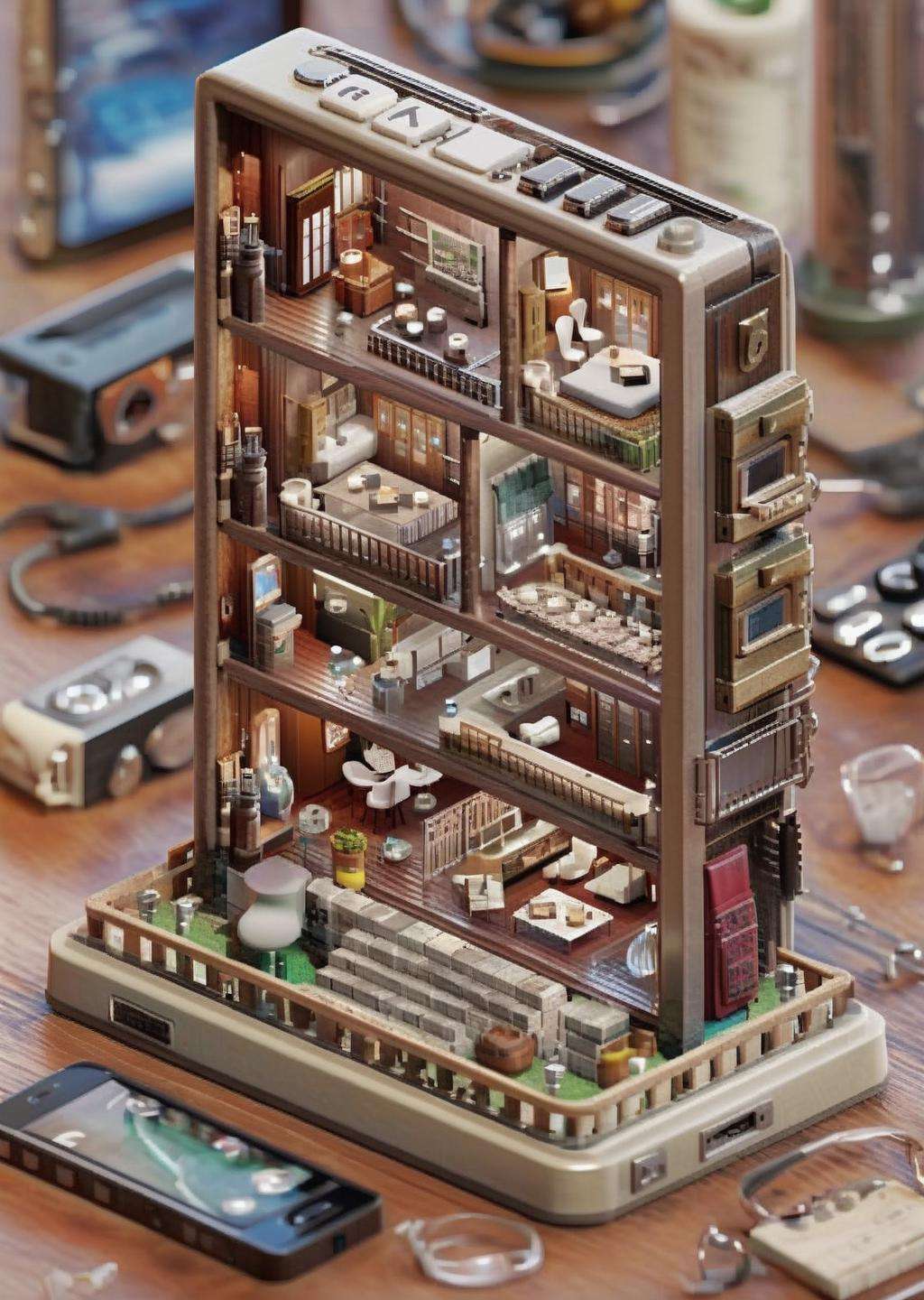 a miniature of a model of a house , Within a handheld game console, pixels form a virtual realm where digital characters embark on epic quests. , incredibly detailed, a microscopic photo, photorealism<lora:Microverse_Creator_sdxl:1.0>
