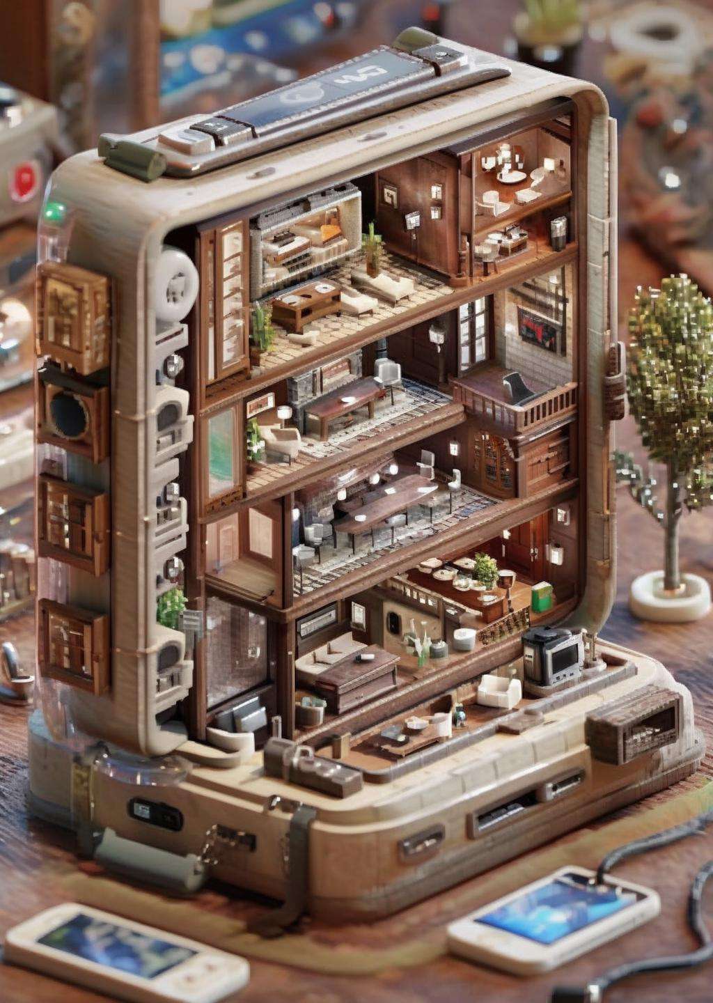 a miniature of a model of a house inside a Within a handheld game console, pixels form a virtual realm where digital characters embark on epic quests. , incredibly detailed, a microscopic photo, photorealism<lora:Microverse_Creator_sdxl:1.0>
