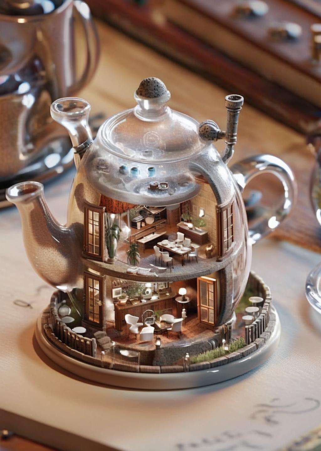 a miniature of a model of a house inside a A humble teapot houses a steamy microcosm, where water molecules frolic, dancing their way to a soothing infusion. , incredibly detailed, a microscopic photo, photorealism<lora:Microverse_Creator_sdxl:1.0>