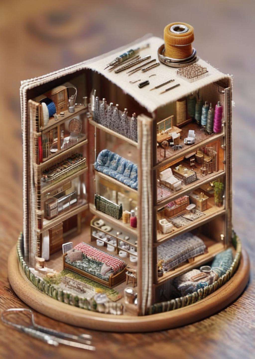 a miniature of a model of a house , A sewing needle stitches together fabric, weaving a micro world of threads into garments that tell stories. , incredibly detailed, a microscopic photo, photorealism<lora:Microverse_Creator_sdxl:1.0>