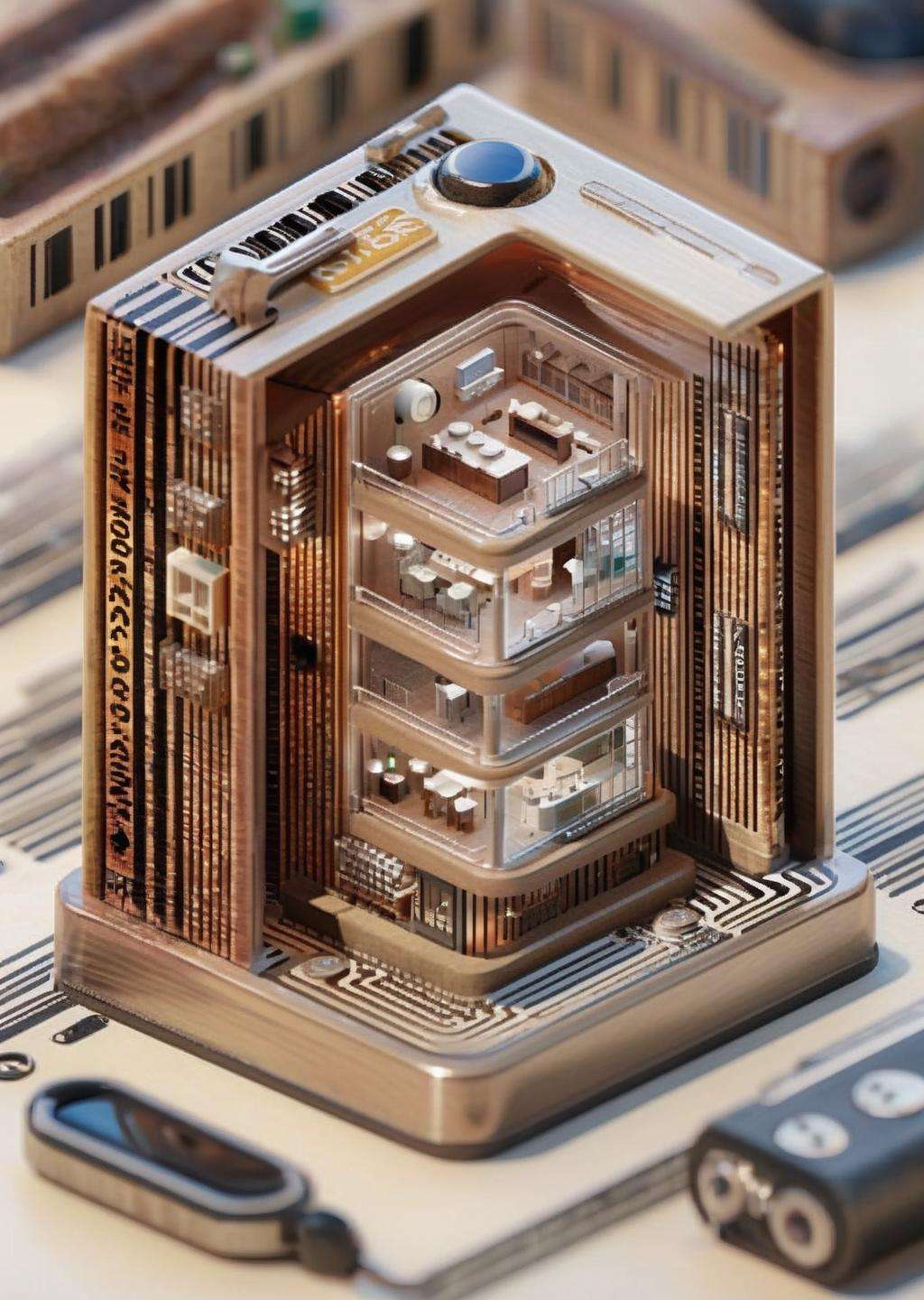 a miniature of a model of a house inside a A barcode scanner decodes hidden patterns, unlocking a micro world of information in the blink of an eye. , incredibly detailed, a microscopic photo, photorealism<lora:Microverse_Creator_sdxl:1.0>