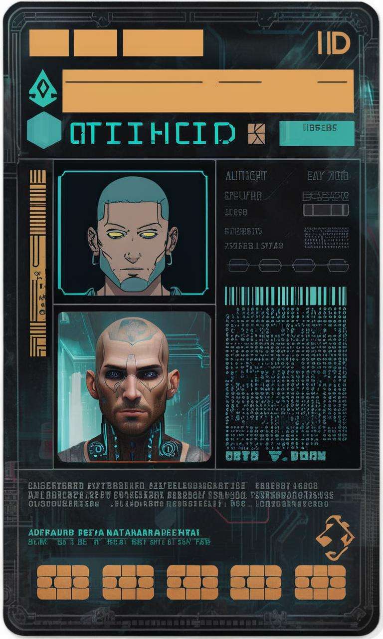 a scan of an ID , Altichiero, detailed product photo, a character portrait a man with a tattoo on his back, new objectivity , cyberpunk style , <lora:Cyber_ID_sdxl:1.0>