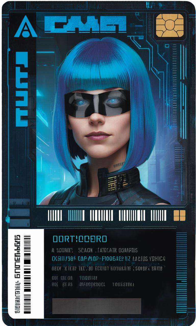 a scan of an ID , Altichiero, detailed product photo, a character portrait a woman with a blue wig and a black mask, new objectivity , cyberpunk style , <lora:Cyber_ID_sdxl:1.0>