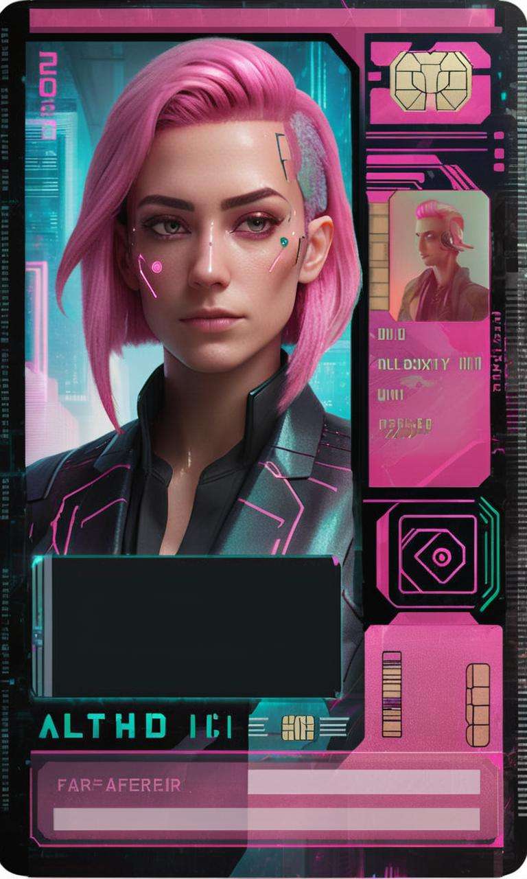 a scan of an ID , Altichiero, detailed product photo, a character portrait a woman in a shiny suit with pink hair, new objectivity , cyberpunk style , <lora:Cyber_ID_sdxl:1.0>