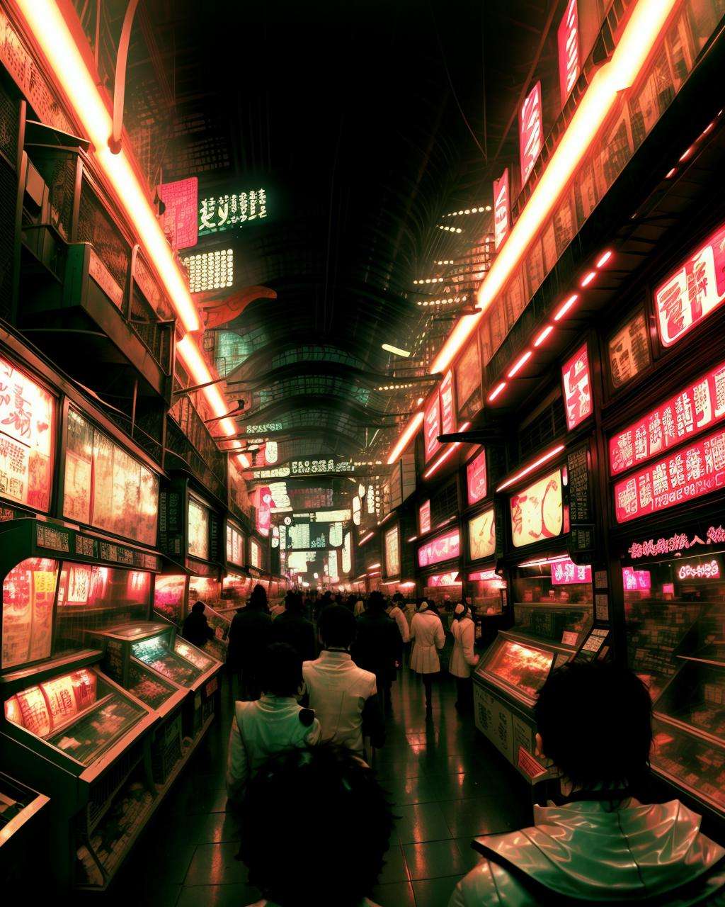 a store with a lot of machines and a lot of people in it and a lot of people in the store, CYBERPUNK , blade runner