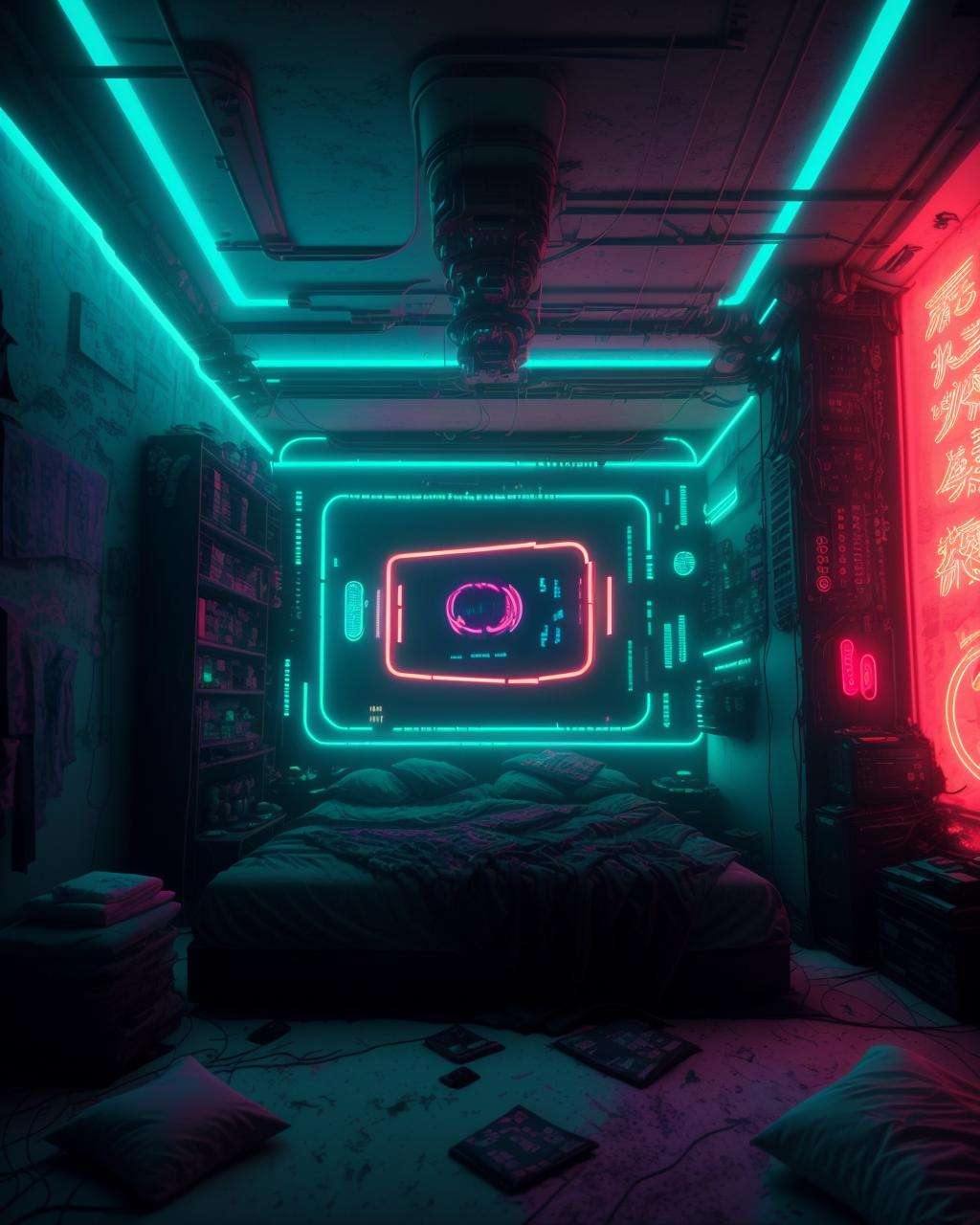 a room with a large screen and a bed in it with a silver light on the wall and a neon mustard  light on the ceiling, Beeple, dystopia, cyberpunk art, neo-figurative