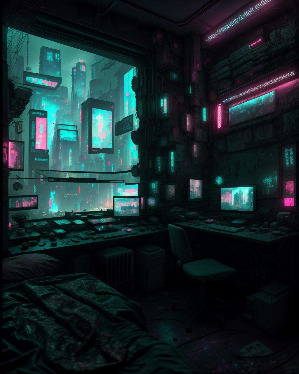 a bedroom with a bed, desk, and computer monitor in it with a city view outside the window, Filip Hodas, cyberpunk style, cyberpunk art, maximalism