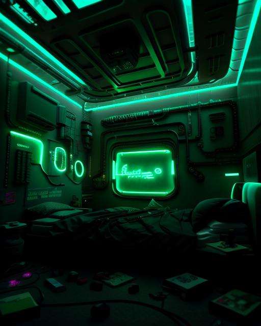 a room with a large screen and a bed in it with a green light on the wall and a neon green light on the ceiling, Beeple, dystopia, cyberpunk art, neo-figurative