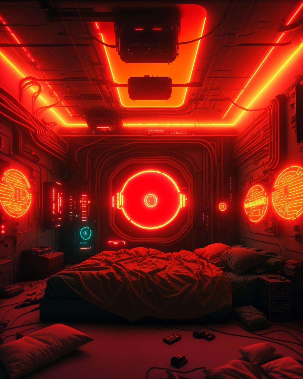 a room with a large screen and a bed in it with a safety-orange light on the wall and a neon goldenrod  light on the ceiling, Beeple, dystopia, cyberpunk art, neo-figurative