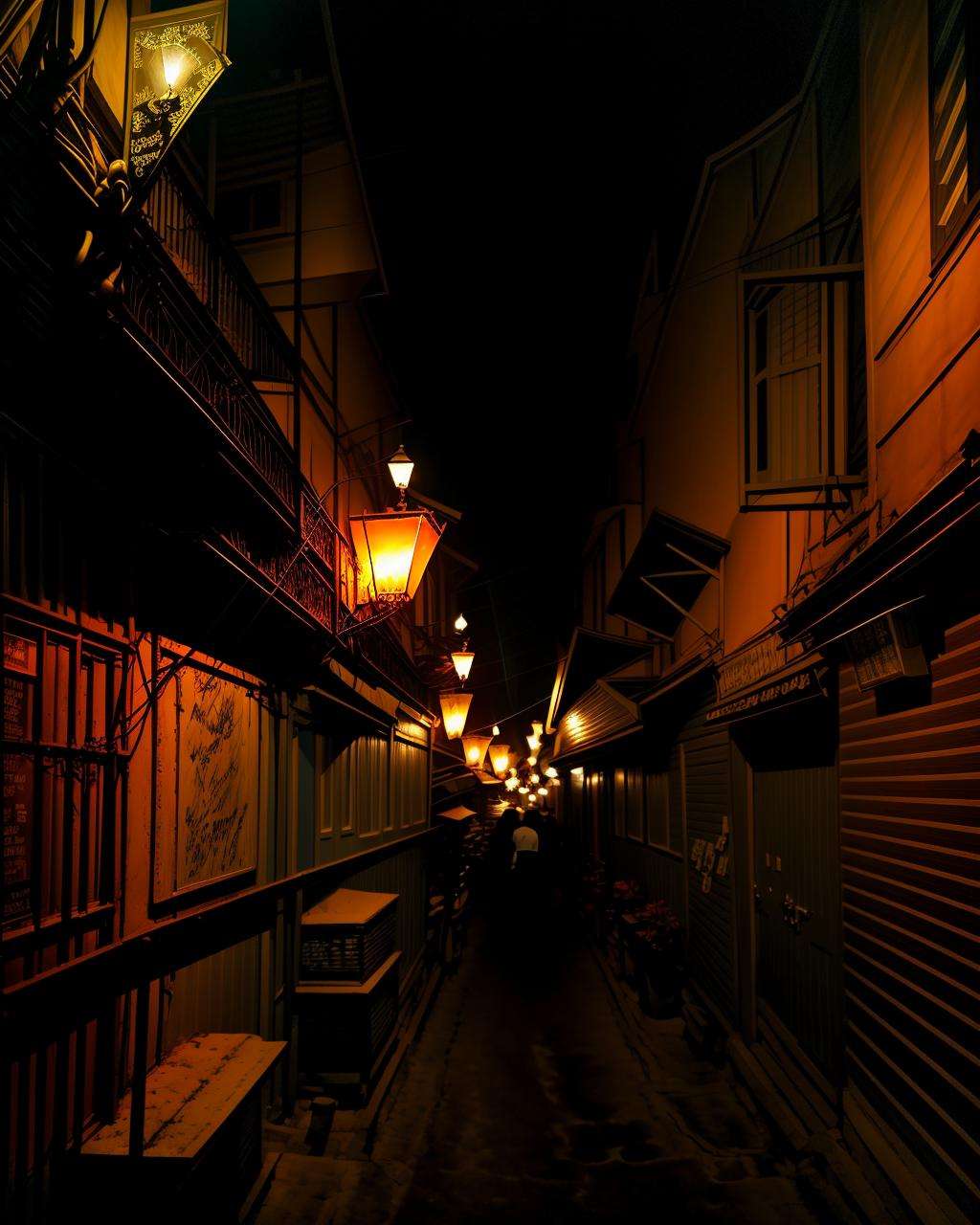 a person walking down a dark alley way at night with a street light above them