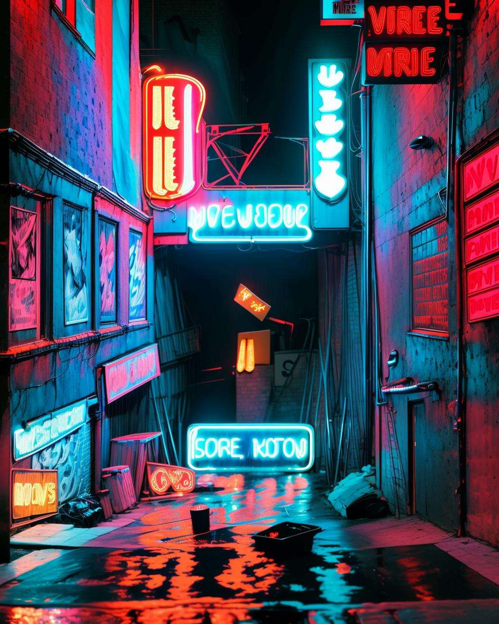 a wet street with neon signs and a neon sign on the side of the road