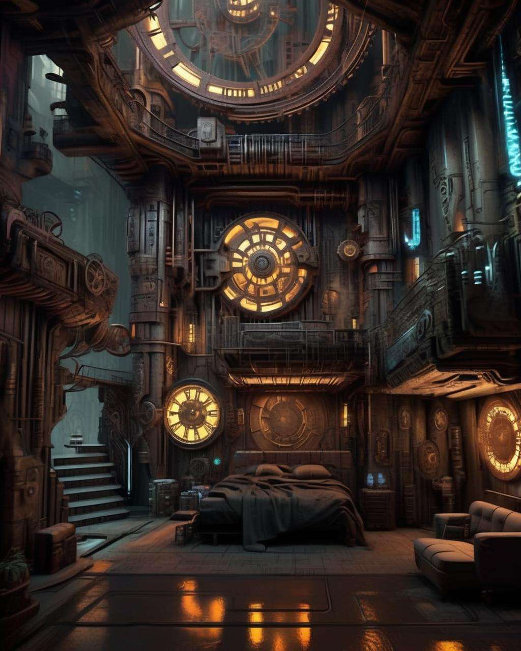 a cyberpunk interior design , A clockwork city is powered by an enormous, rotating mechanism at its core, with gears and cogs driving its fantastical existence. , cyberpunk style environment <lora:Cyber_Background_sdxl:1.0>