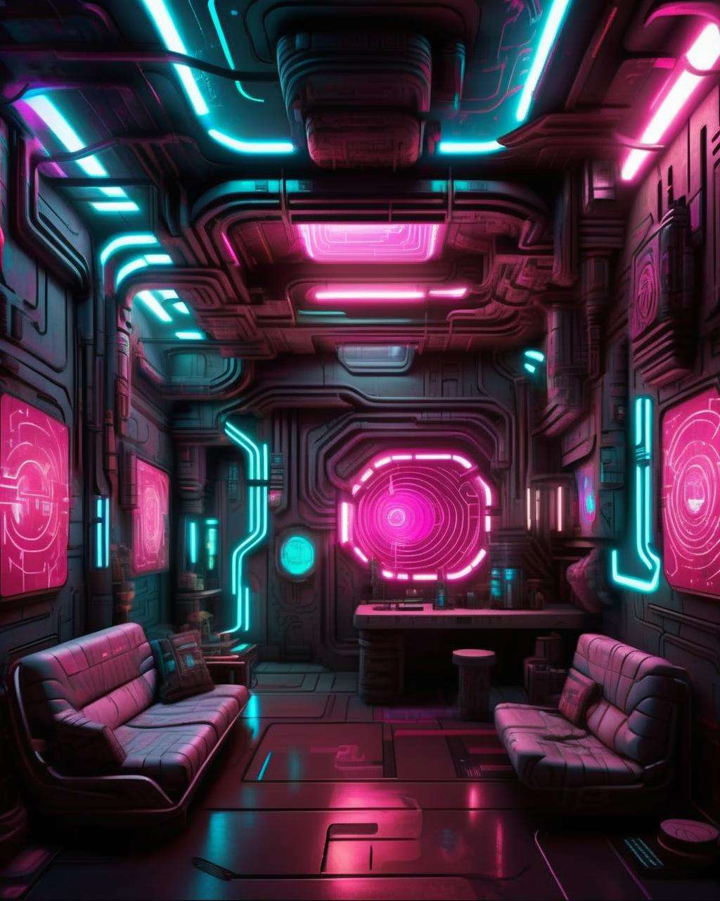 a cyberpunk interior design , In a labyrinthine space station, gravity-defying walkways lead to chambers adorned with holographic art from across the galaxy. , cyberpunk style environment <lora:Cyber_Background_sdxl:1.0>