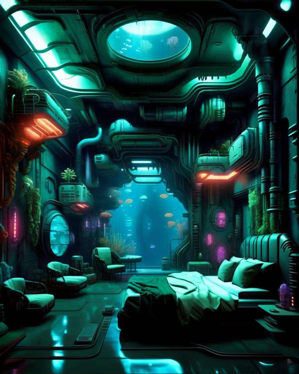 (a cyberpunk interior design ), Subterranean hydroplex, an underwater colony with bioluminescent coral gardens and pressurized domes. , cyberpunk style environment <lora:Cyber_Background_sdxl:1.0>