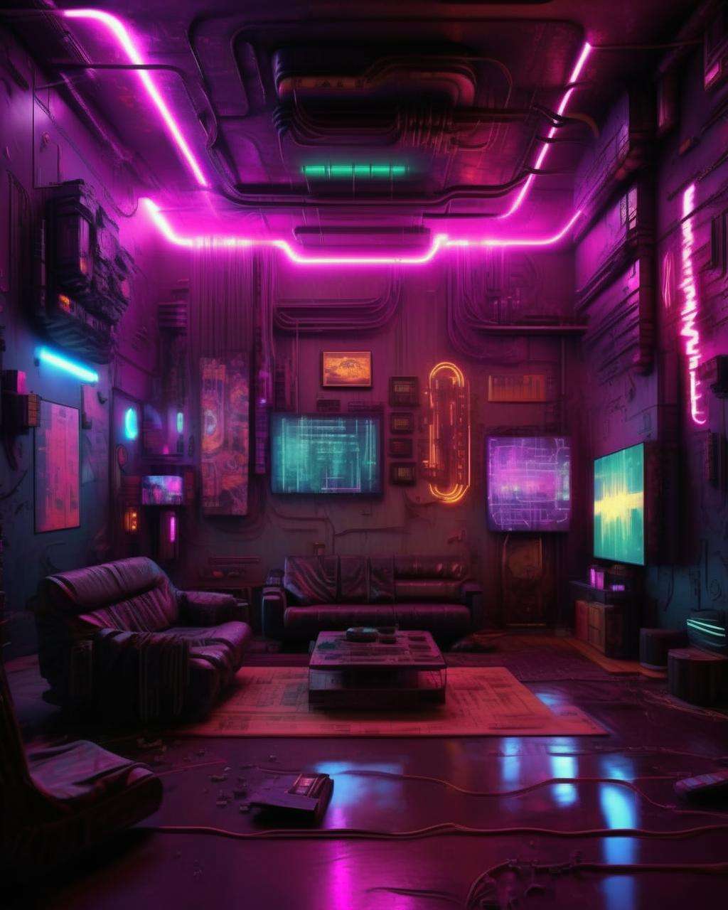 (a cyberpunk interior design ), Magnetic stormfront, an electrifying tempest of charged particles crackling across a dark sky. , cyberpunk style environment <lora:Cyber_Background_sdxl:1.0>