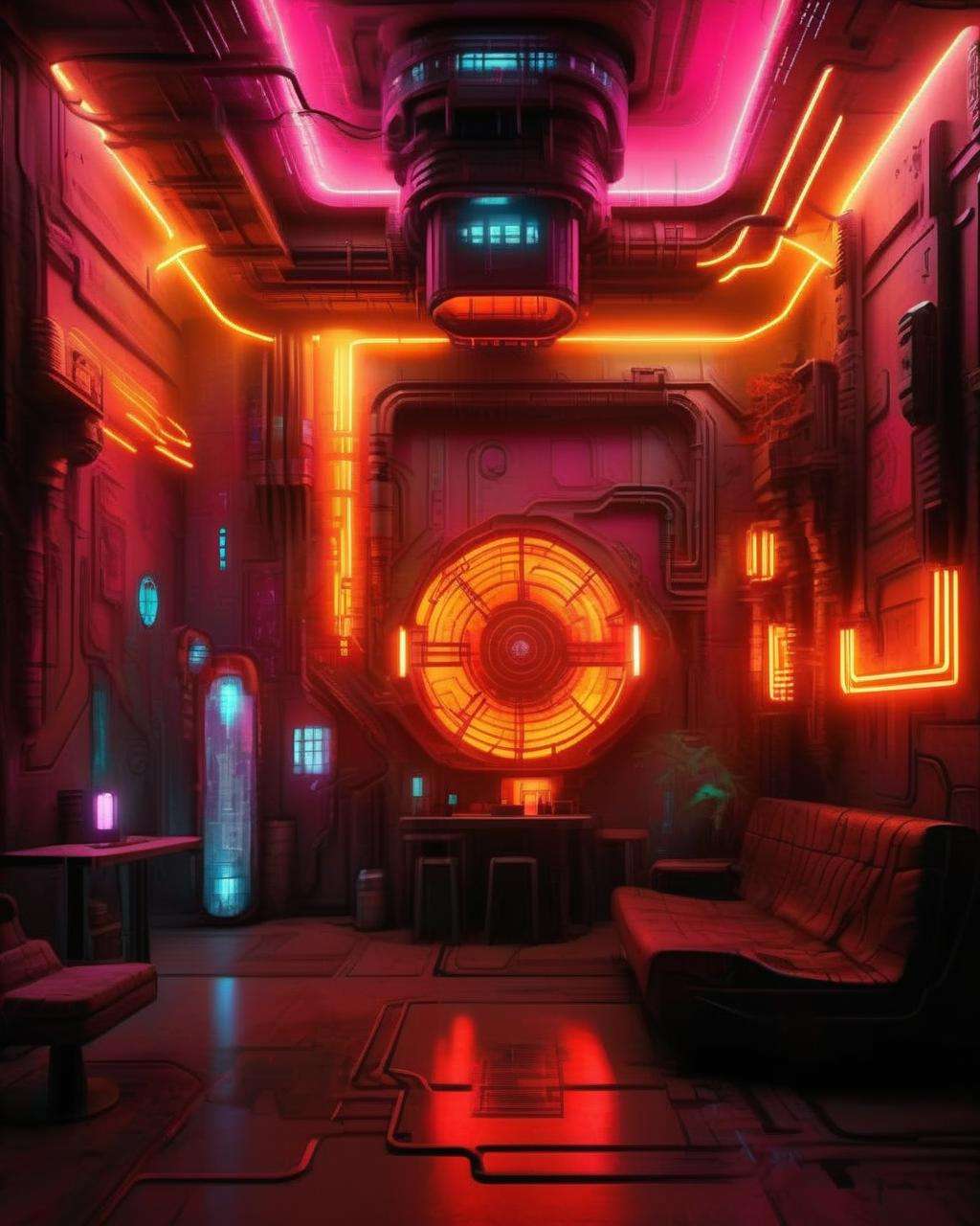 (a cyberpunk interior design ), Quantum lighthouse, a beacon that guides travelers through the labyrinthine pathways of alternate dimensions. , cyberpunk style environment <lora:Cyber_Background_sdxl:1.0>