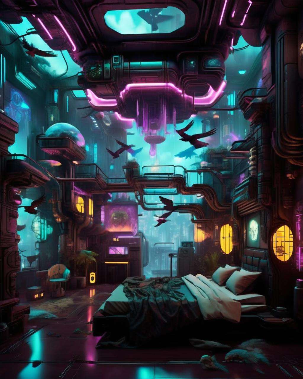 (a cyberpunk interior design ), Celestial aviary, floating islands where biomechanical birds glide through clouds of luminescent gas. , cyberpunk style environment <lora:Cyber_Background_sdxl:1.0>