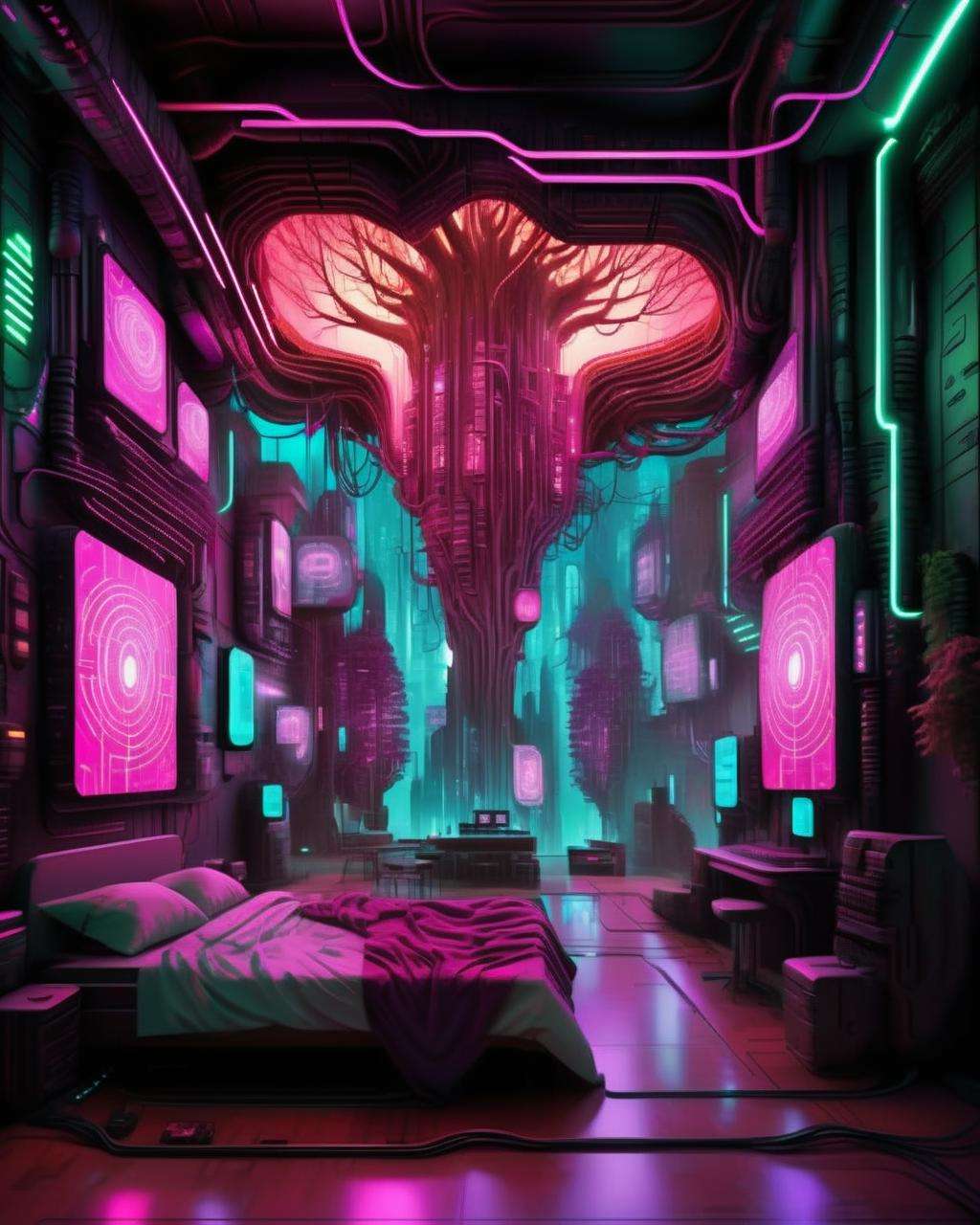 a cyberpunk interior design , A colossal tree of interconnected servers forms the heart of a digital realm, where avatars navigate a cybernetic dreamscape. , cyberpunk style environment <lora:Cyber_Background_sdxl:1.0>
