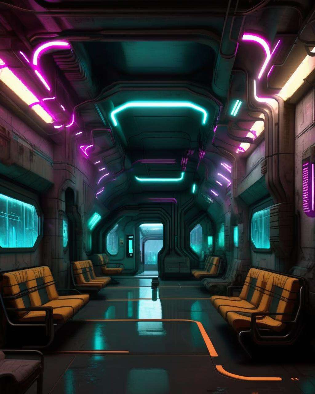 a cyberpunk interior design , A subterranean transit hub features maglev trains that navigate through tunnels adorned with luminescent mineral formations. , cyberpunk style environment <lora:Cyber_Background_sdxl:1.0>