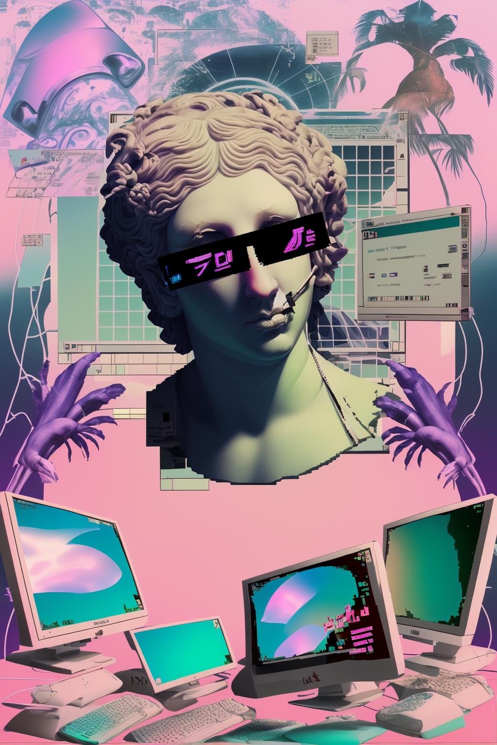 a computer screen and a text box in the middle, Dali, vaporwave, digital art, computer art ,  vapor_graphic