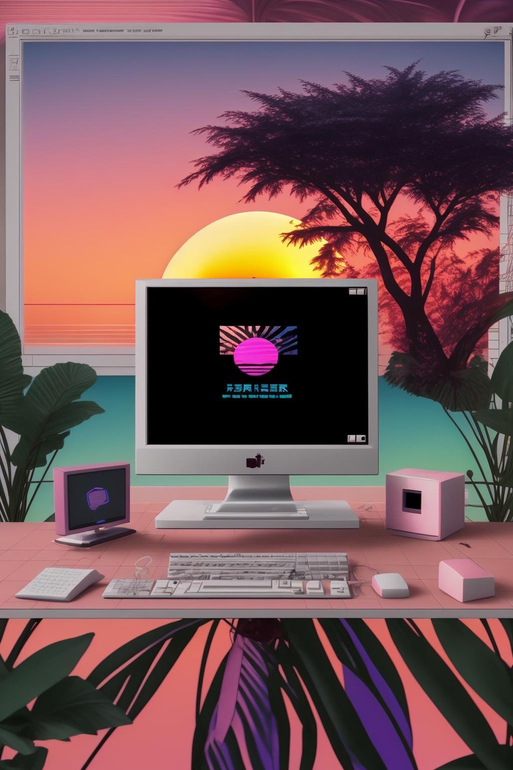 (( a computer screen with a sunset in the background )),  vapor_graphic