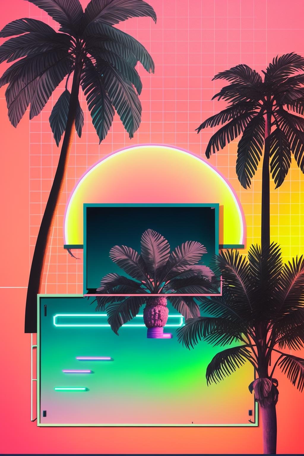(( a neon sunset with palm trees and a neon grid )),  vapor_graphic