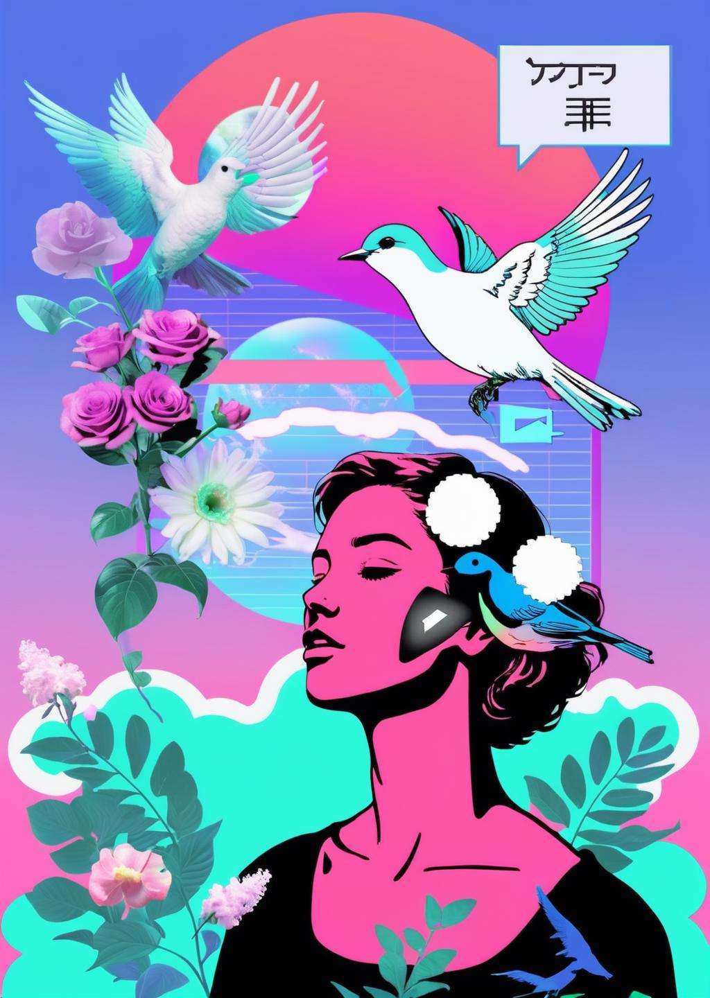 a woman with flowers in her hand and a bird flying above her and a message that reads : 'VAPOR-GRAPHIC',   <lora:vapor_graphic_sdxl:0.6> , vaporwave, vapor_graphic