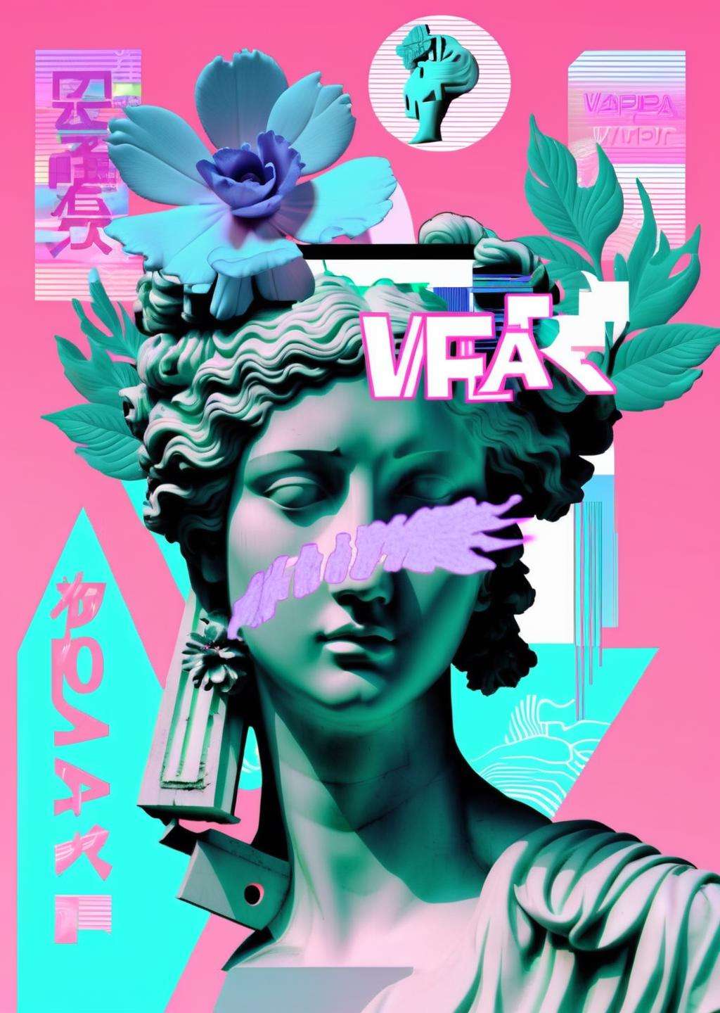 a statue of a woman with a flower in her hair and a message that reads : 'VAPOR-GRAPHIC',   <lora:vapor_graphic_sdxl:0.6> , vaporwave, vapor_graphic