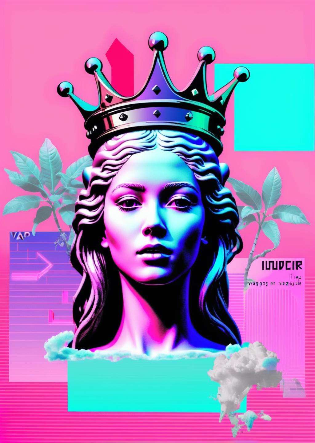 a woman with a crown on her head and a pink background and a message that reads : 'VAPOR-GRAPHIC',   <lora:vapor_graphic_sdxl:0.6> , vaporwave, vapor_graphic