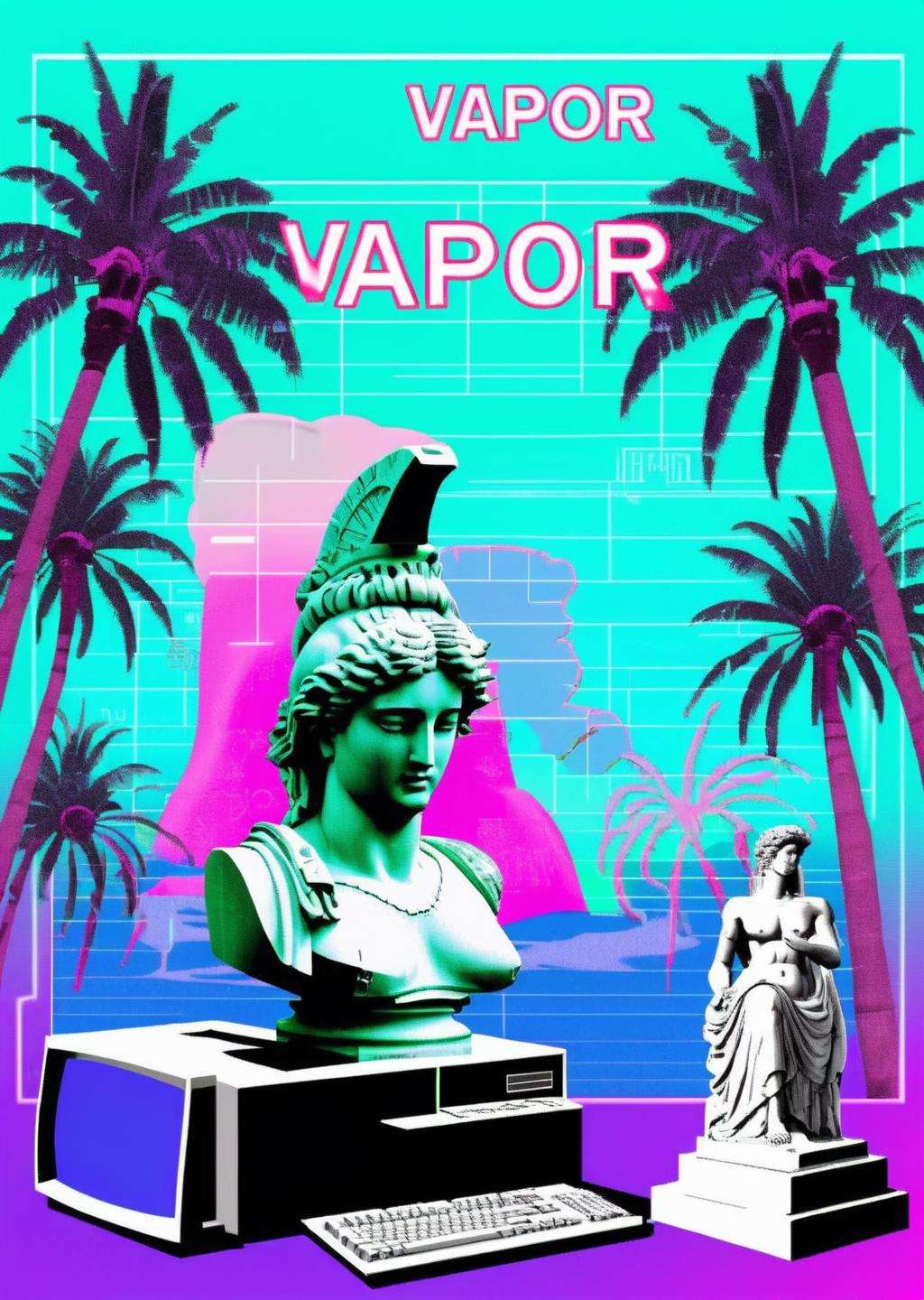 a computer and a statue with palm trees in the background and a message that reads : VAPOR-GRAPHIC',   <lora:vapor_graphic_sdxl:0.6> , vaporwave, vapor_graphic