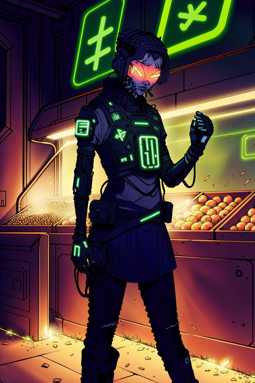 Subterranean market, merchants peddling bio-enhancements, their stalls illuminated by pulsating bioluminescent fungi. , Cyberpunk_Anime