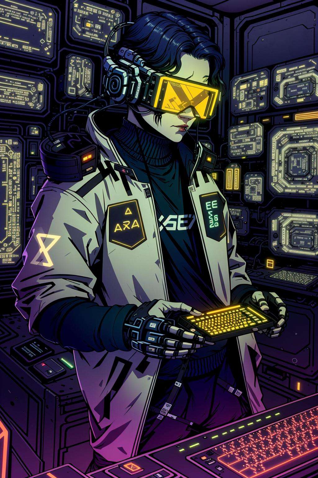 Hacker's den, a dimly lit room filled with vintage computers and towering holographic screens, a sanctuary of code and chaos. , Cyberpunk_Anime