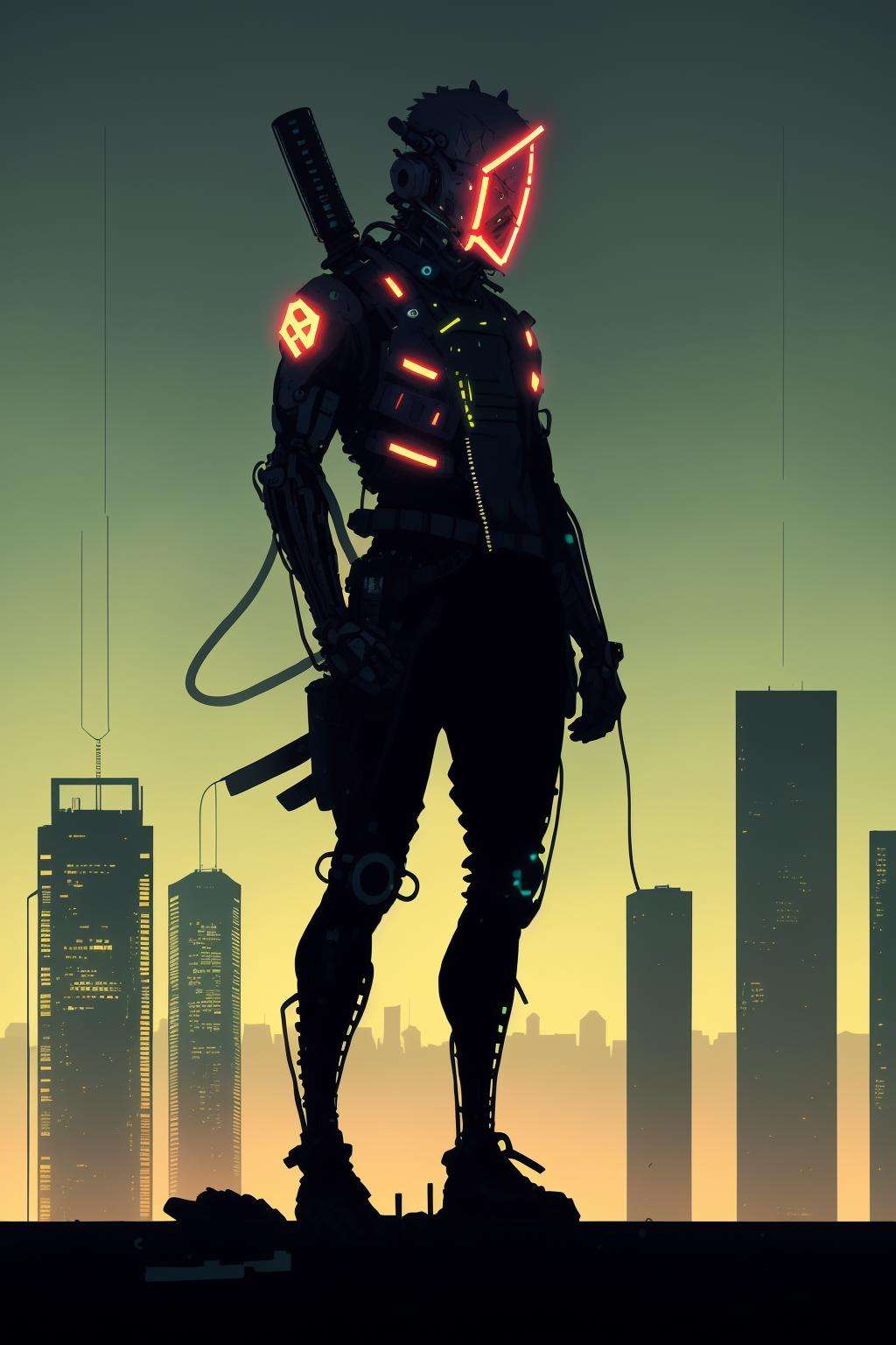 anime style , Skyline vista, a lone figure stands atop an abandoned tower, silhouetted against a sprawling cityscape of flickering lights and encrypted data. , Cyberpunk_Anime