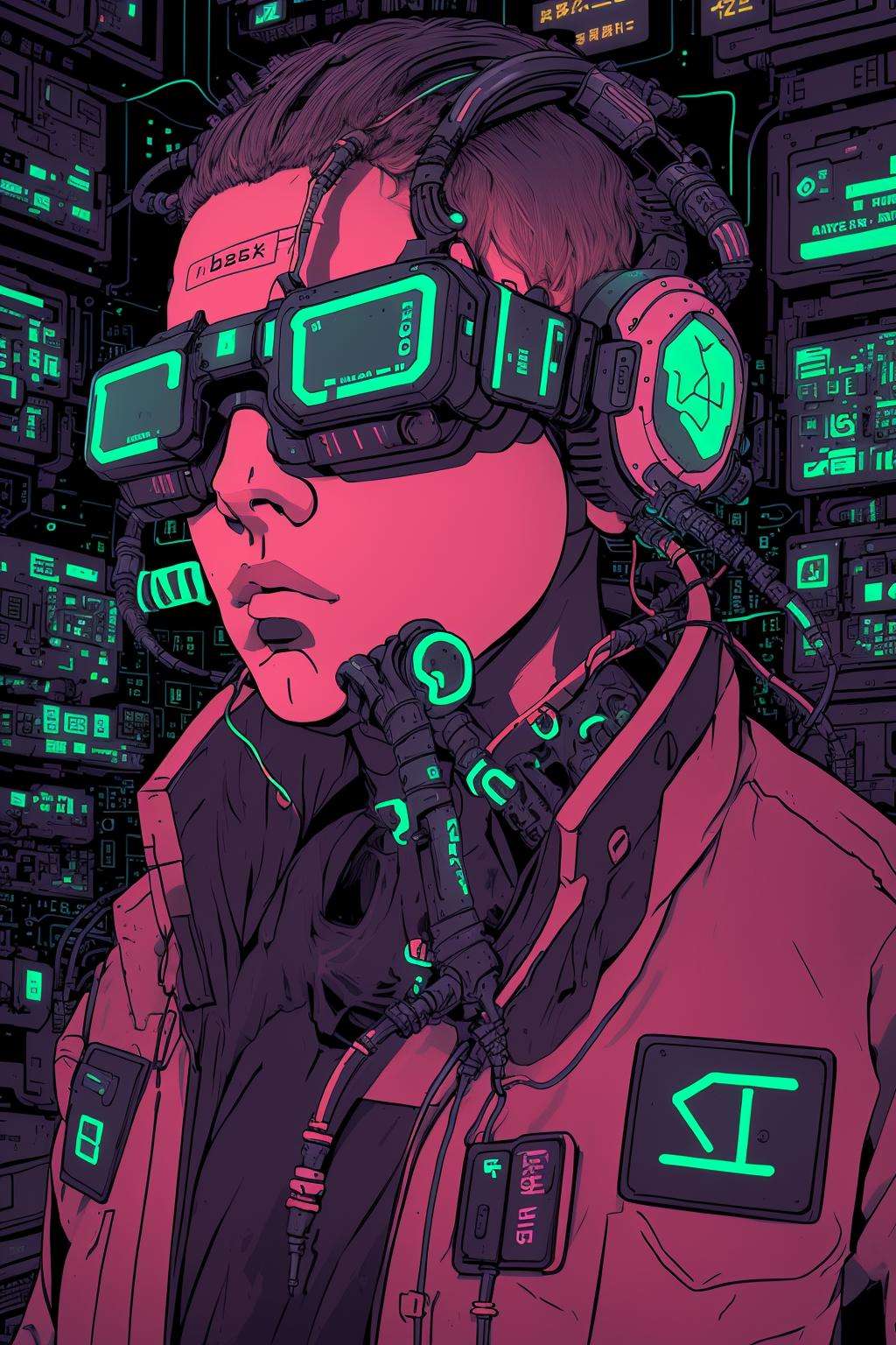 Virtual reality den, neon-hued cables connecting to headsets, users lost in a realm where data and dreams intertwine. , Cyberpunk_Anime