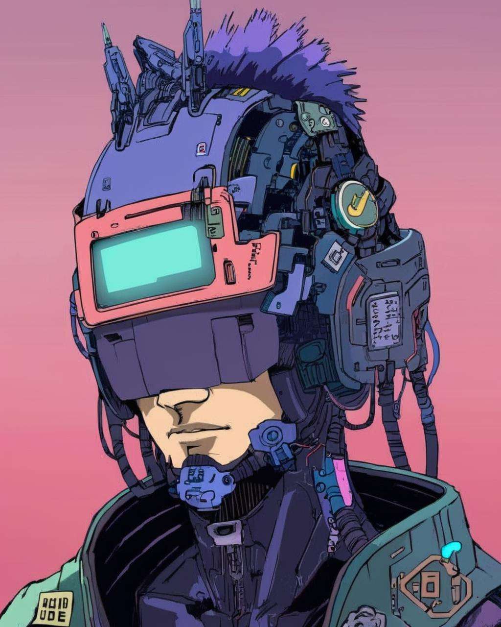 anime, a man with a helmet on his head ,  cyberpunk, cyberpunk art, retrofuturism<lora:Cyberpunk _Anime_sdxl:1.0>