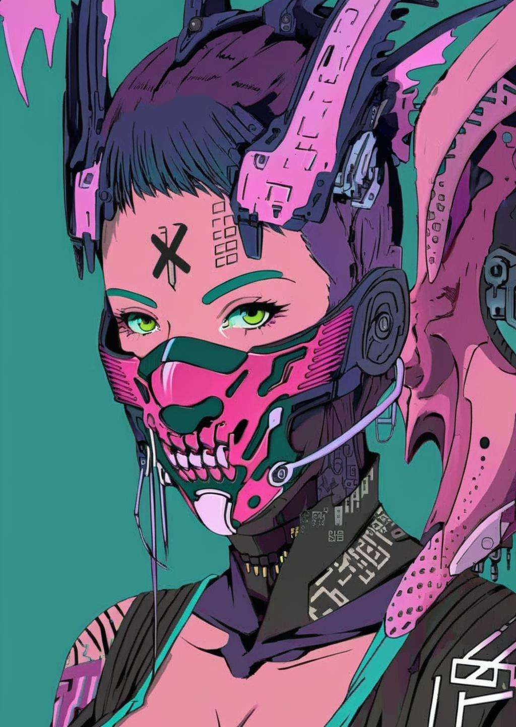 anime, a woman with a pink mask and a dragon tattoo ,  cyberpunk, cyberpunk art, retrofuturism<lora:Cyberpunk _Anime_sdxl:1.0>