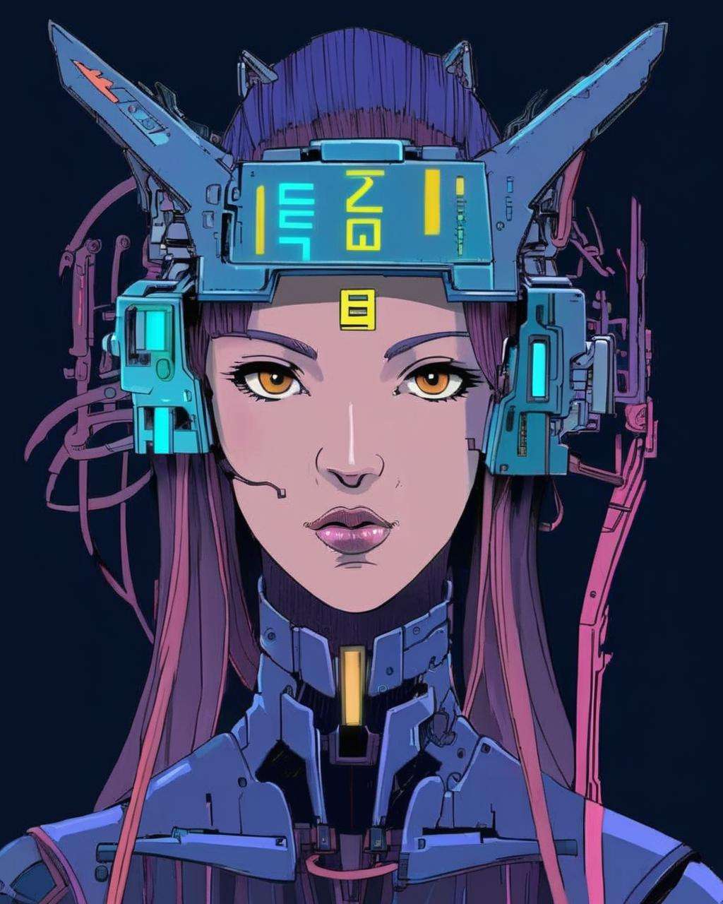 anime, a woman with a futuristic headdress and a futuristic face ,  cyberpunk, cyberpunk art, retrofuturism<lora:Cyberpunk _Anime_sdxl:1.0>