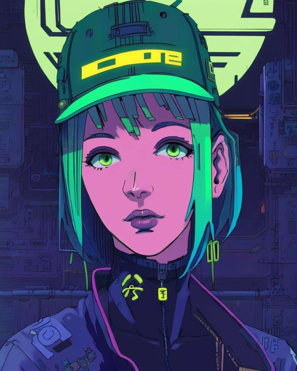 anime, a woman with green hair and a green hat ,  cyberpunk, cyberpunk art, retrofuturism<lora:Cyberpunk _Anime_sdxl:1.0>