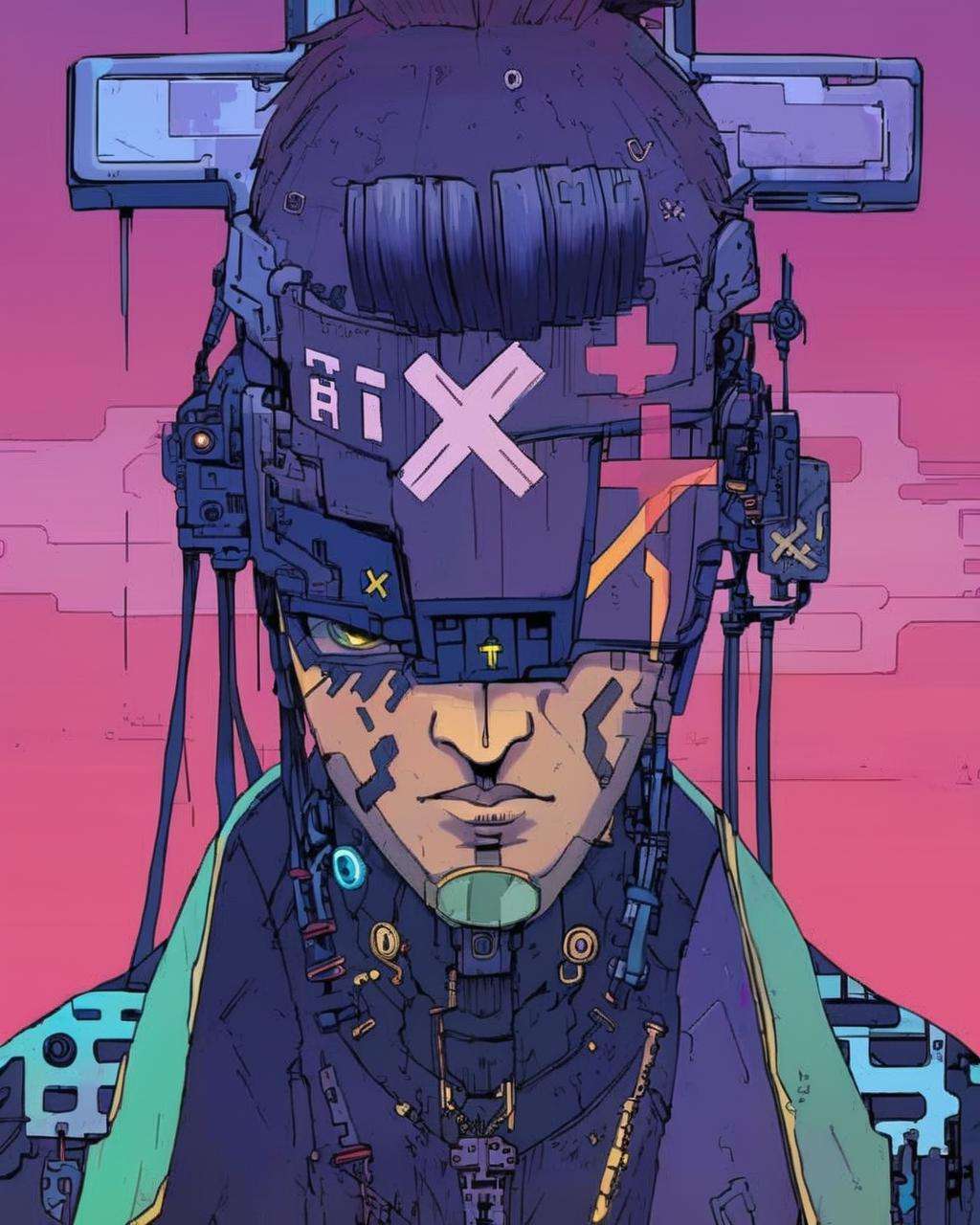 anime, a man with a cross on his forehead ,  cyberpunk, cyberpunk art, retrofuturism<lora:Cyberpunk _Anime_sdxl:1.0>