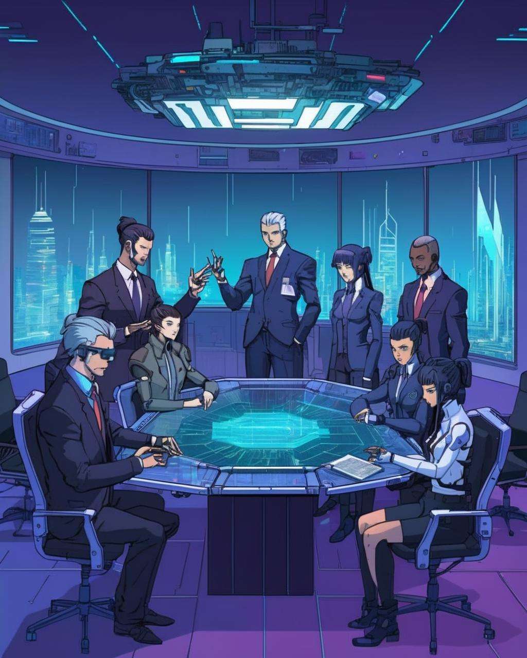 anime, Megacorporate boardroom, executives seated around a holographic table, manipulating data with futuristic hand gestures.,  cyberpunk, cyberpunk art, retrofuturism<lora:Cyberpunk _Anime_sdxl:1.0>