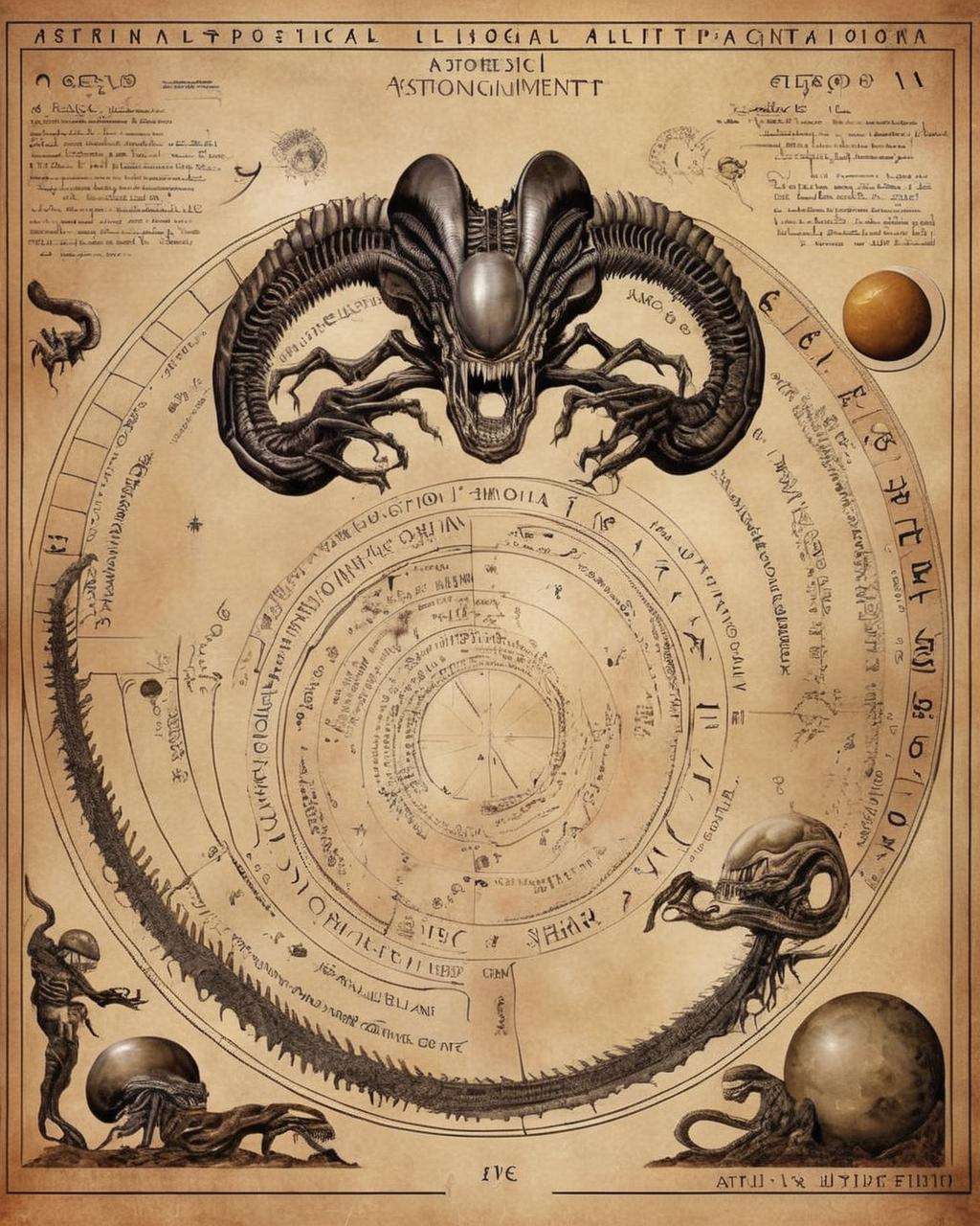 Astrological Alignment: An exploration of esoteric astrological connections to Xenomorphs, uncovering potential celestial alignments and cosmic influences that shape their existence and behavior:1.6, Astrological Alignment:1.2, exploration:1.2, esoteric astrological connections:1.1, Xenomorphs:1.1, celestial alignments:1.1, cosmic influences:1.1, existence:1.1, behavior:1.1.<lora:Xenomorph_Book_sdxl:1.0>