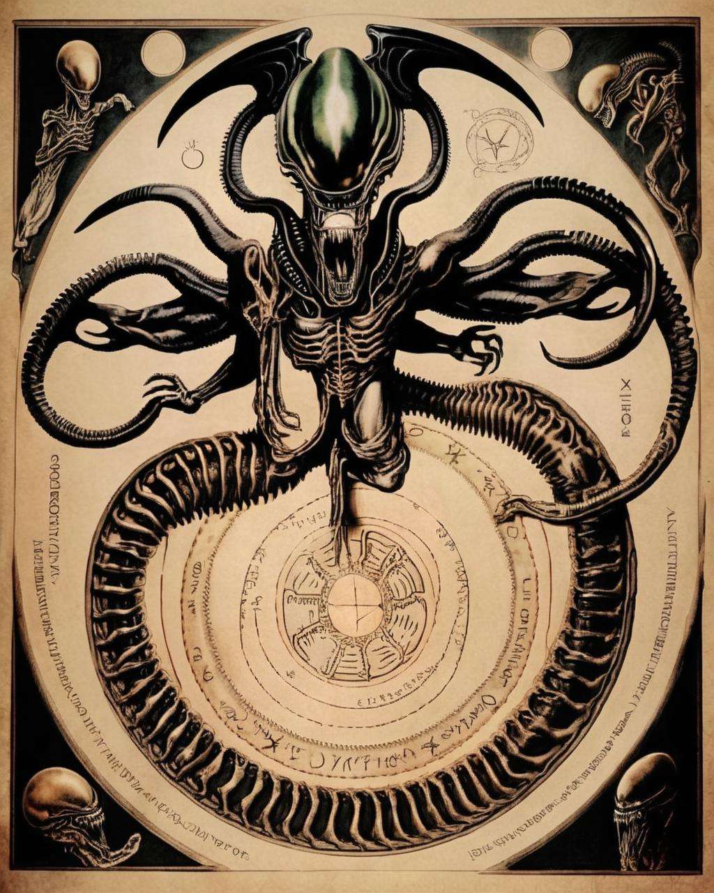 a man with a pentagram and a circle of the human body , ((xenomorph))<lora:Xenomorph_Book_sdxl:1.0>