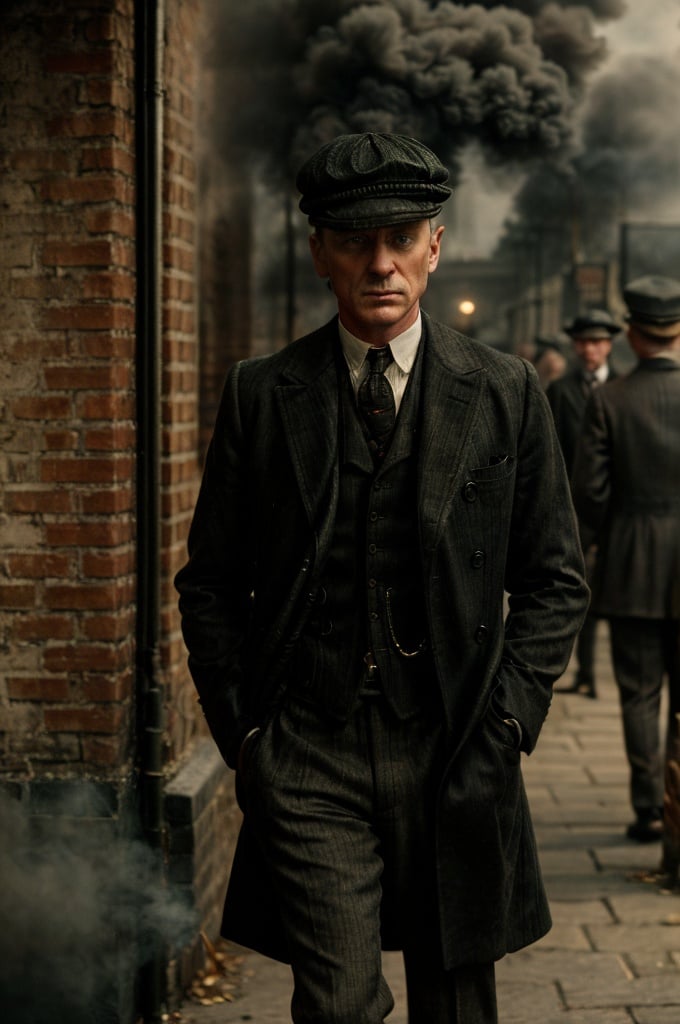 color photo of "Peaky Blinders"
A gritty portrait of the Shelby family, their faces masked by shadows, showcasing their sharp suits, flat caps, and fierce expressions. The scene is set in the dimly lit streets of Birmingham, with smoke billowing from factory chimneys and cobblestone roads. The atmosphere is tense, with a hint of danger lingering in the air. The camera captures the essence of the 1920s era, bringing to life the roaring spirit of the Peaky Blinders. The photo is captured with a vintage Leica M3 camera, using Kodak Portra 400 film to enhance the rich colors and tones. The lens used is a 50mm f/1.4, allowing for a shallow depth of field and dramatic focus on the characters. Directed by Martin Scorsese, cinematography by Roger Deakins, photography by Annie Leibovitz, and fashion design by Alexander McQueen