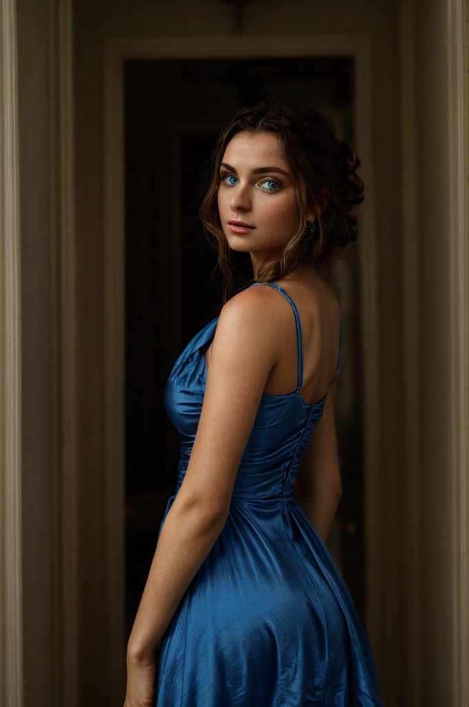 masterpiece, a cinematic photograph of a beautiful woman wearing a blue dress, beautiful eyes