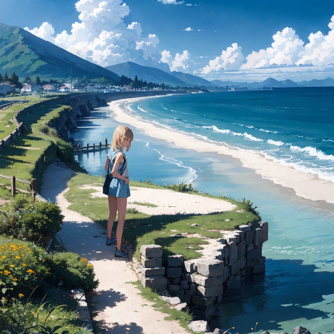 1girl,cute,landscape,summer,detailed sea